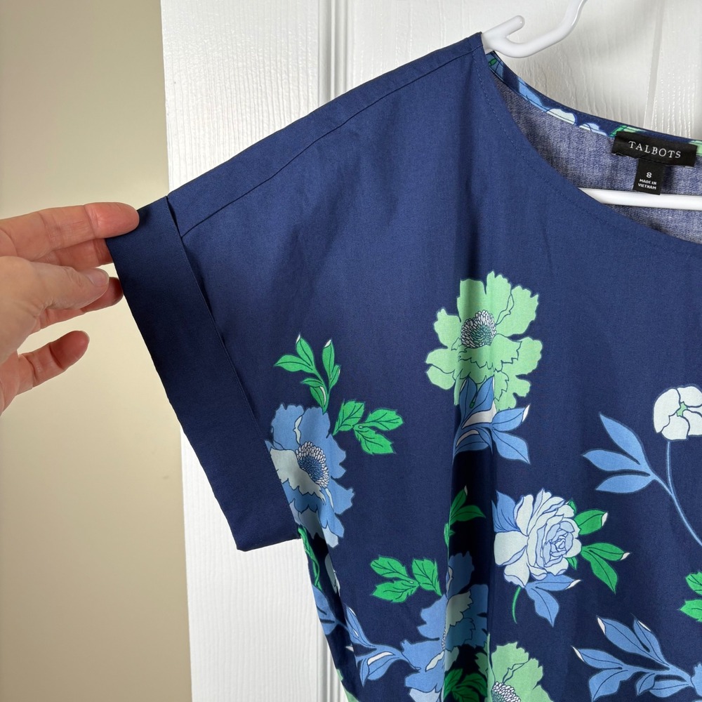 Talbots Floral Cotton Midi Dress 8 Blue Green Fit Flare Pockets Garden Party - Picture 5 of 7